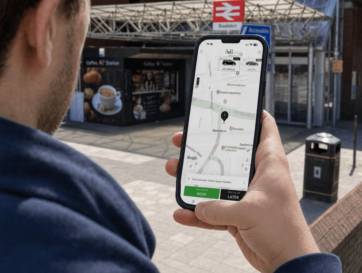 A man booking an A&B Taxi on the app outside Basildon station